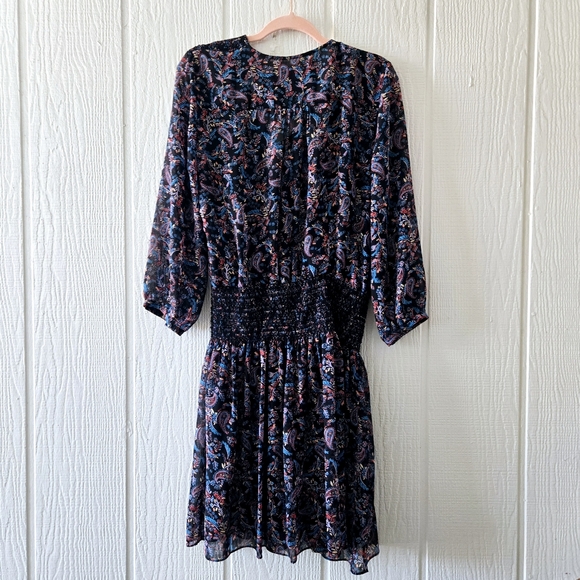 Anthro Vanessa Virginia Daytripper V Neck Paisley Smocked Waist Black Medium - Picture 4 of 6